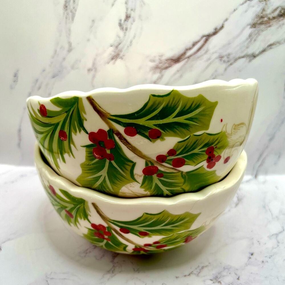 Magenta poinsettia serving bowls with scalloped edges